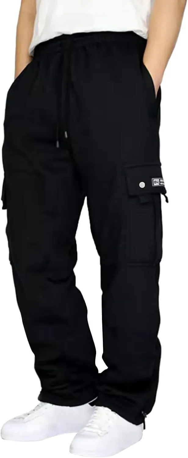 Mens Fleece Cargo Pants Casual Stretch Waist Realxed Fit Work Pants Baggy Straight Leg Hiking Sweatpants for Men