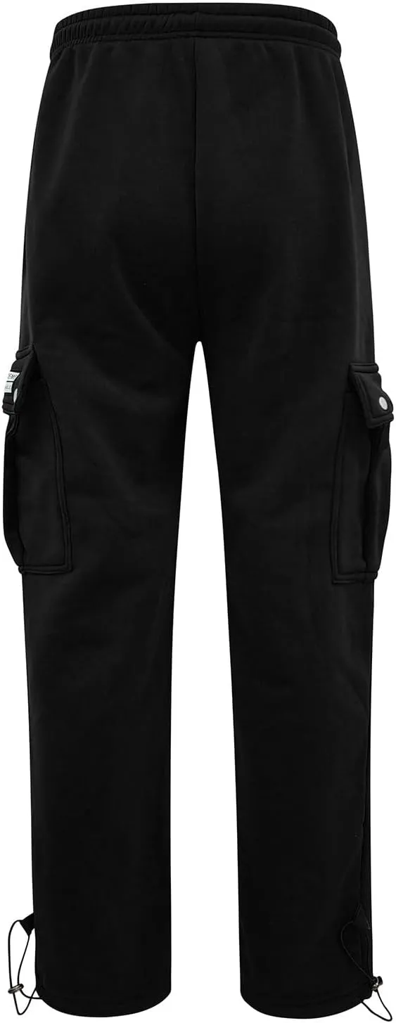 Mens Fleece Cargo Pants Casual Stretch Waist Realxed Fit Work Pants Baggy Straight Leg Hiking Sweatpants for Men