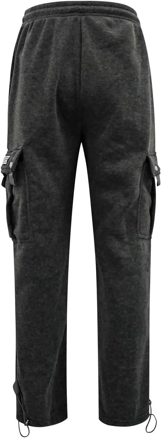 Mens Fleece Cargo Pants Casual Stretch Waist Realxed Fit Work Pants Baggy Straight Leg Hiking Sweatpants for Men