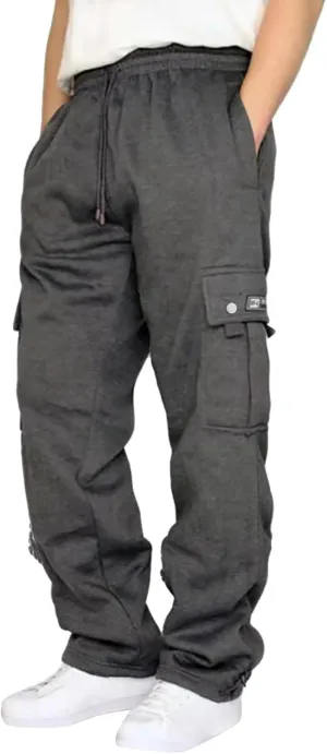 Mens Fleece Cargo Pants Casual Stretch Waist Realxed Fit Work Pants Baggy Straight Leg Hiking Sweatpants for Men