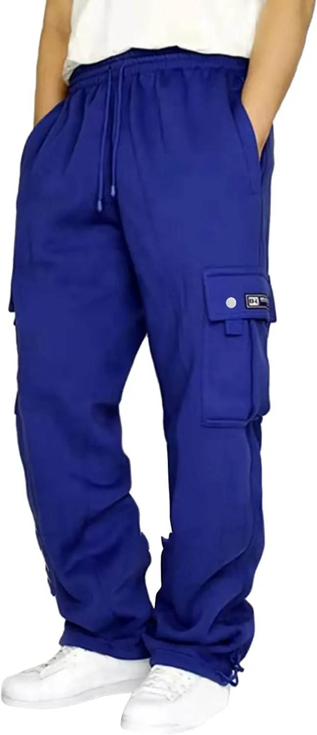 Mens Fleece Cargo Pants Casual Stretch Waist Realxed Fit Work Pants Baggy Straight Leg Hiking Sweatpants for Men
