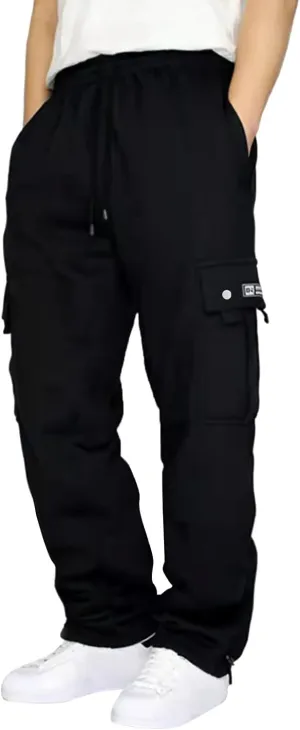 Mens Fleece Cargo Pants Casual Stretch Waist Realxed Fit Work Pants Baggy Straight Leg Hiking Sweatpants for Men