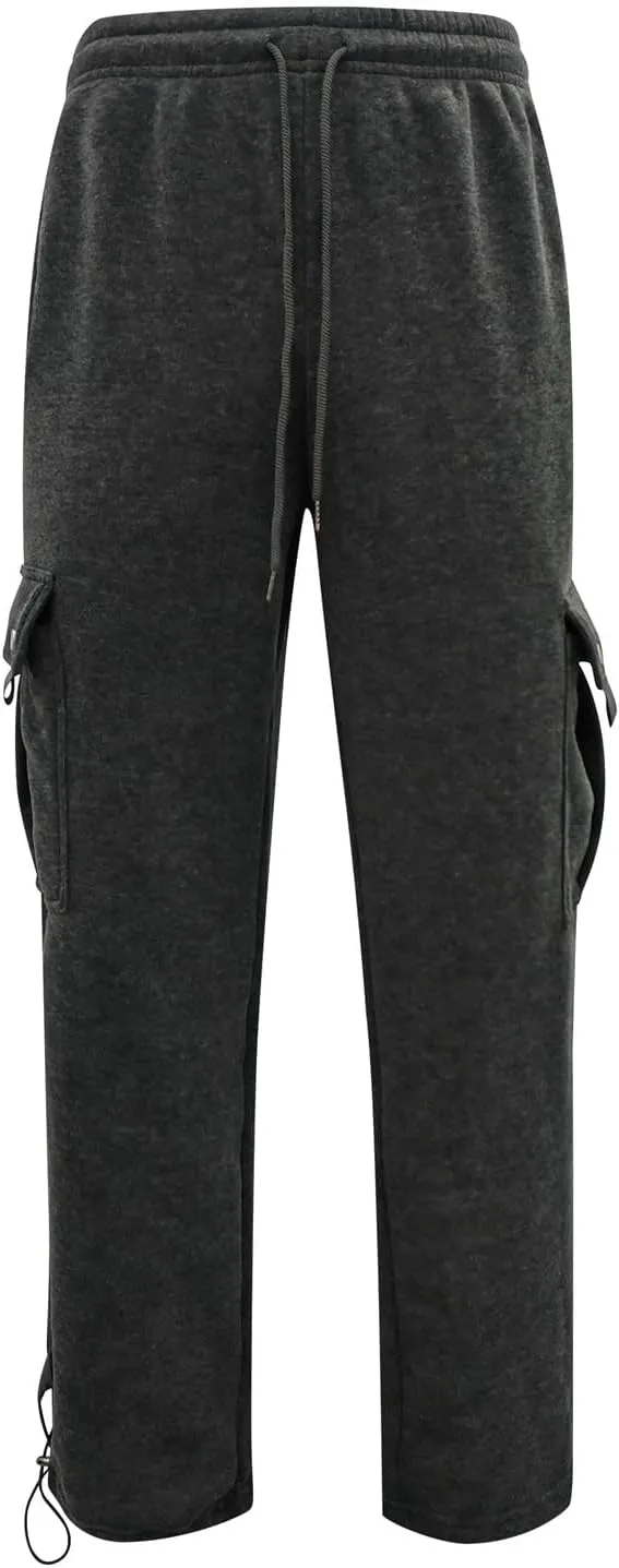 Mens Fleece Cargo Pants Casual Stretch Waist Realxed Fit Work Pants Baggy Straight Leg Hiking Sweatpants for Men