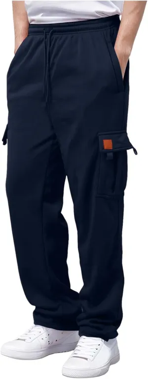 Men's Heavyweight Cargo Fleece Sweatpants Stretch Elastic Waist Trousers Drawstring Loose Fit Joggers with Pockets