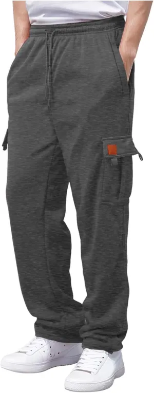 Men's Heavyweight Cargo Fleece Sweatpants Stretch Elastic Waist Trousers Drawstring Loose Fit Joggers with Pockets
