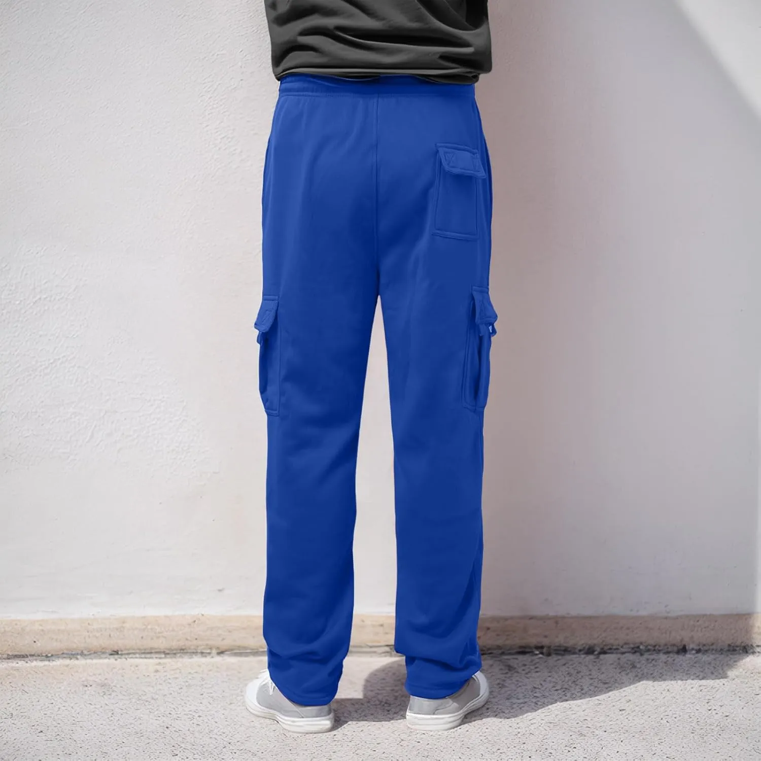 Men's Heavyweight Cargo Fleece Sweatpants Stretch Elastic Waist Trousers Drawstring Loose Fit Joggers with Pockets
