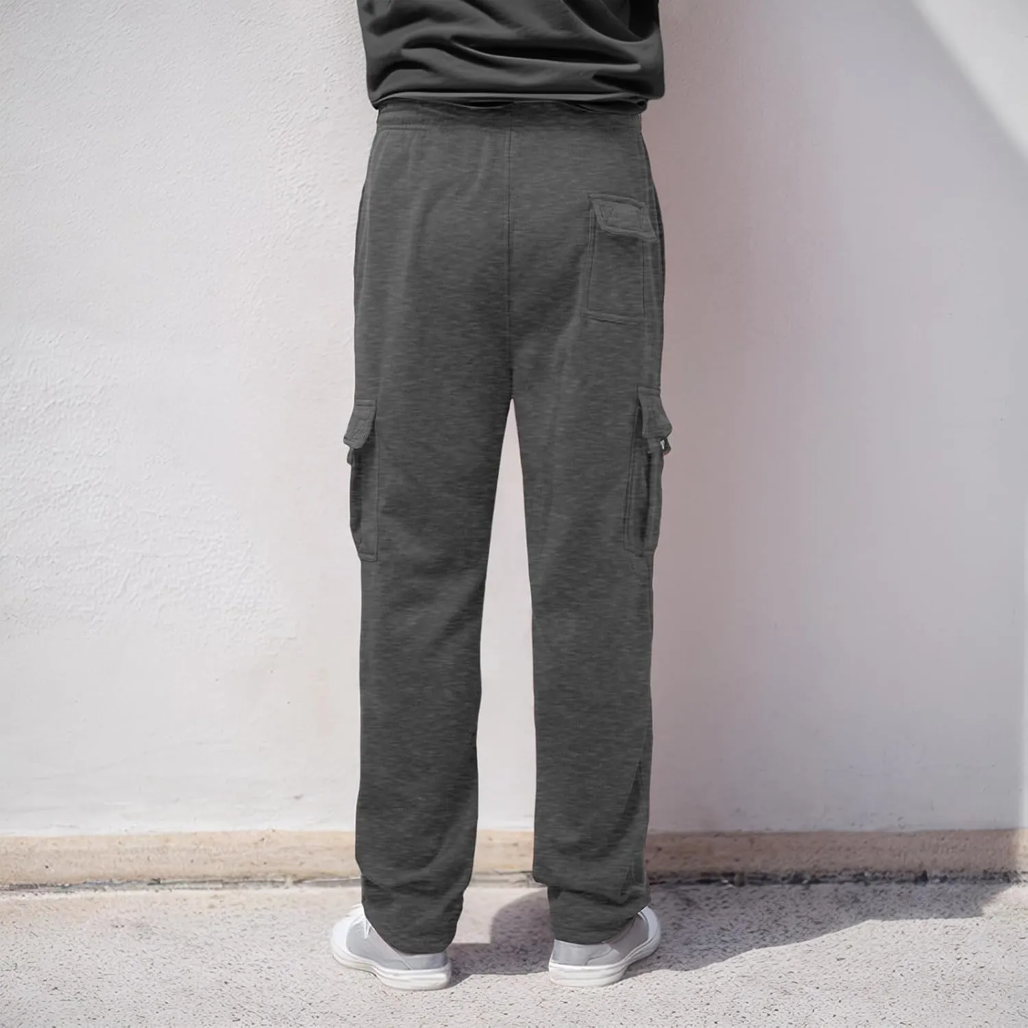 Men's Heavyweight Cargo Fleece Sweatpants Stretch Elastic Waist Trousers Drawstring Loose Fit Joggers with Pockets