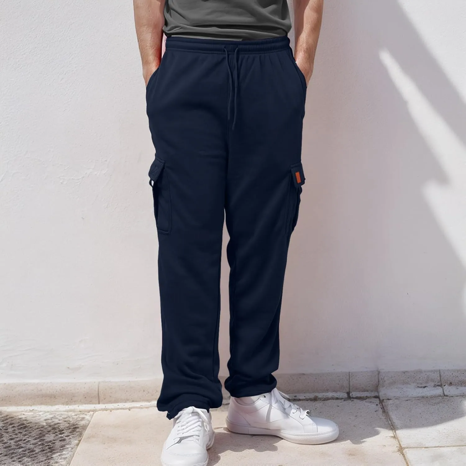 Men's Heavyweight Cargo Fleece Sweatpants Stretch Elastic Waist Trousers Drawstring Loose Fit Joggers with Pockets