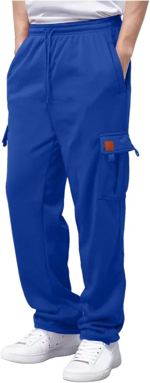 Men's Heavyweight Cargo Fleece Sweatpants Stretch Elastic Waist Trousers Drawstring Loose Fit Joggers with Pockets