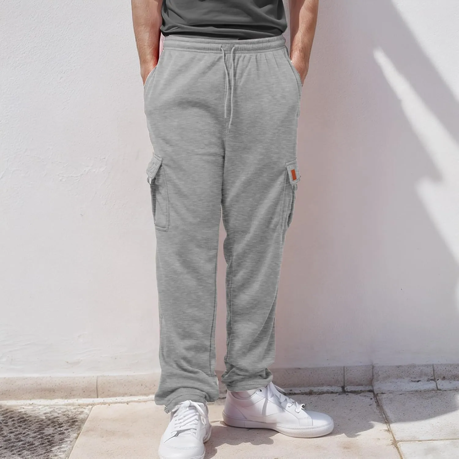 Men's Heavyweight Cargo Fleece Sweatpants Stretch Elastic Waist Trousers Drawstring Loose Fit Joggers with Pockets