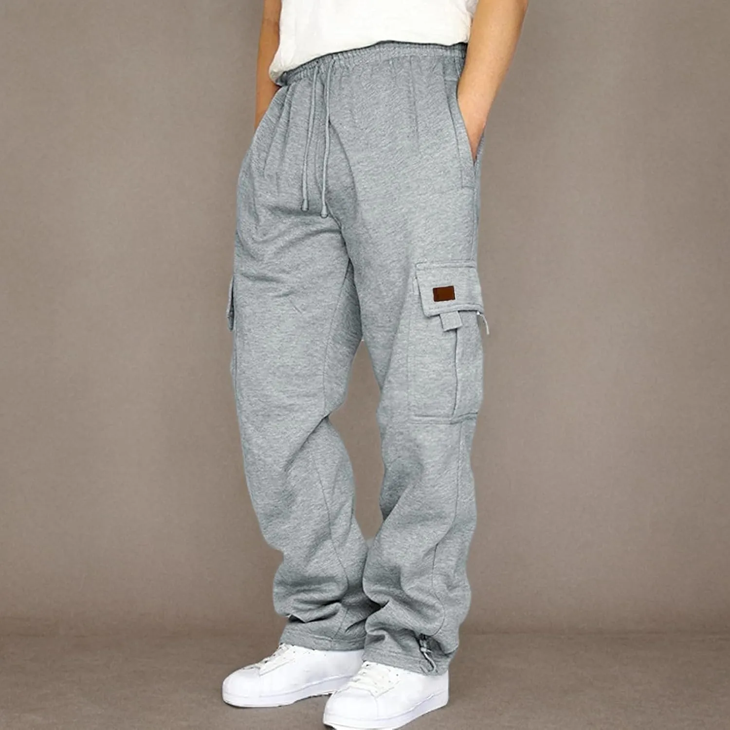 Men's Heavyweight Cargo Fleece Sweatpants Stretch Elastic Waist Trousers Drawstring Loose Fit Joggers with Pockets