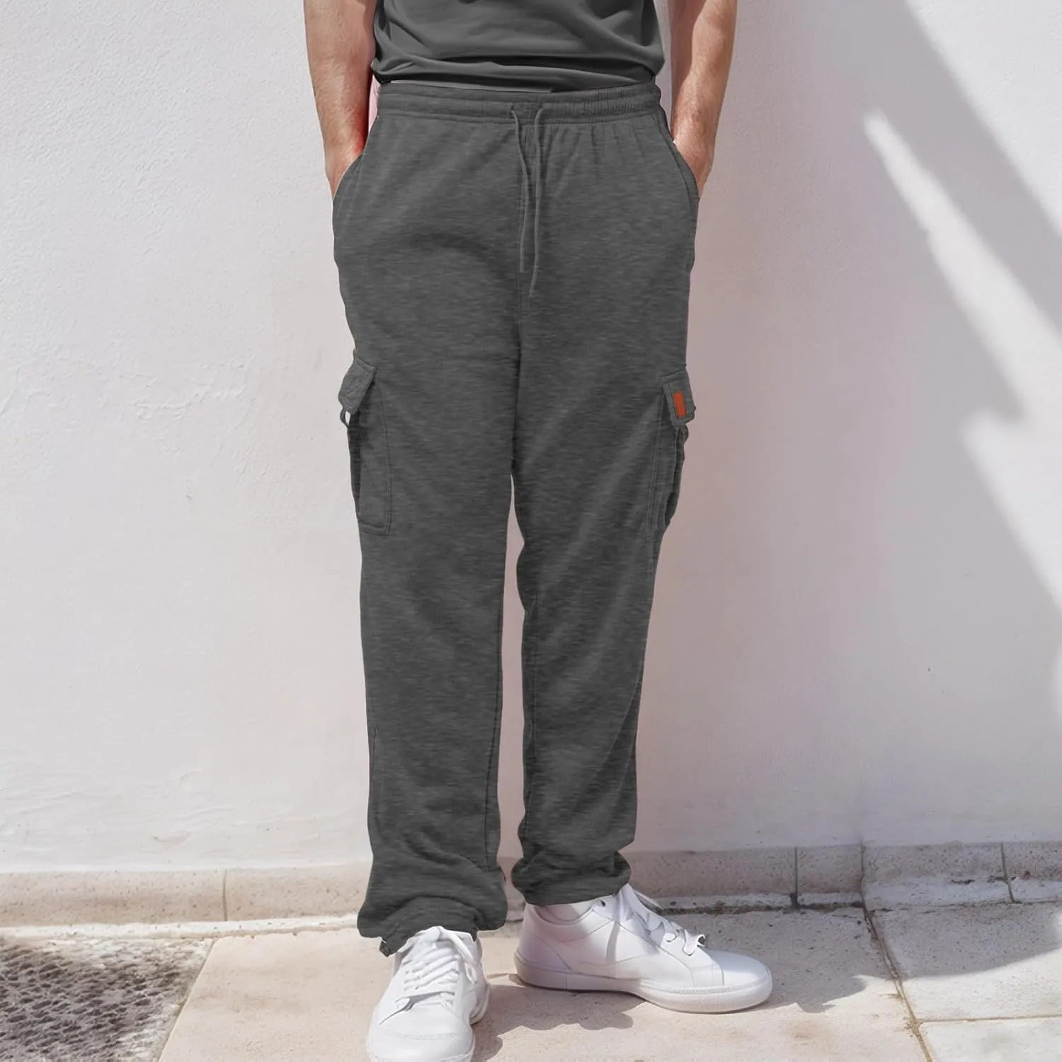 Men's Heavyweight Cargo Fleece Sweatpants Stretch Elastic Waist Trousers Drawstring Loose Fit Joggers with Pockets