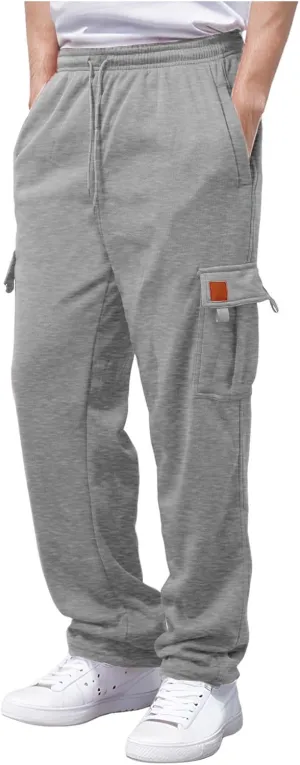 Men's Heavyweight Cargo Fleece Sweatpants Stretch Elastic Waist Trousers Drawstring Loose Fit Joggers with Pockets