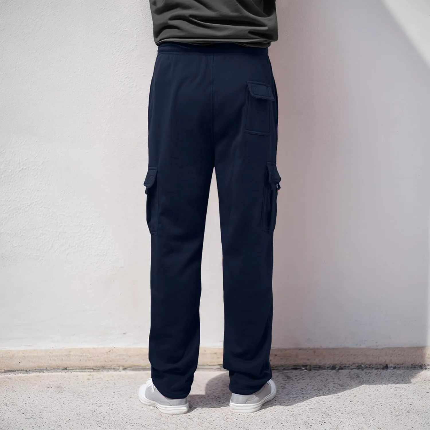 Men's Heavyweight Cargo Fleece Sweatpants Stretch Elastic Waist Trousers Drawstring Loose Fit Joggers with Pockets