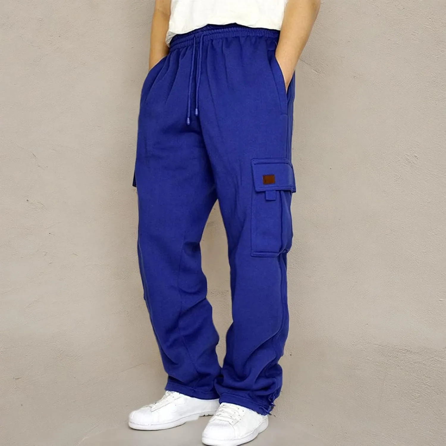 Men's Heavyweight Cargo Fleece Sweatpants Stretch Elastic Waist Trousers Drawstring Loose Fit Joggers with Pockets