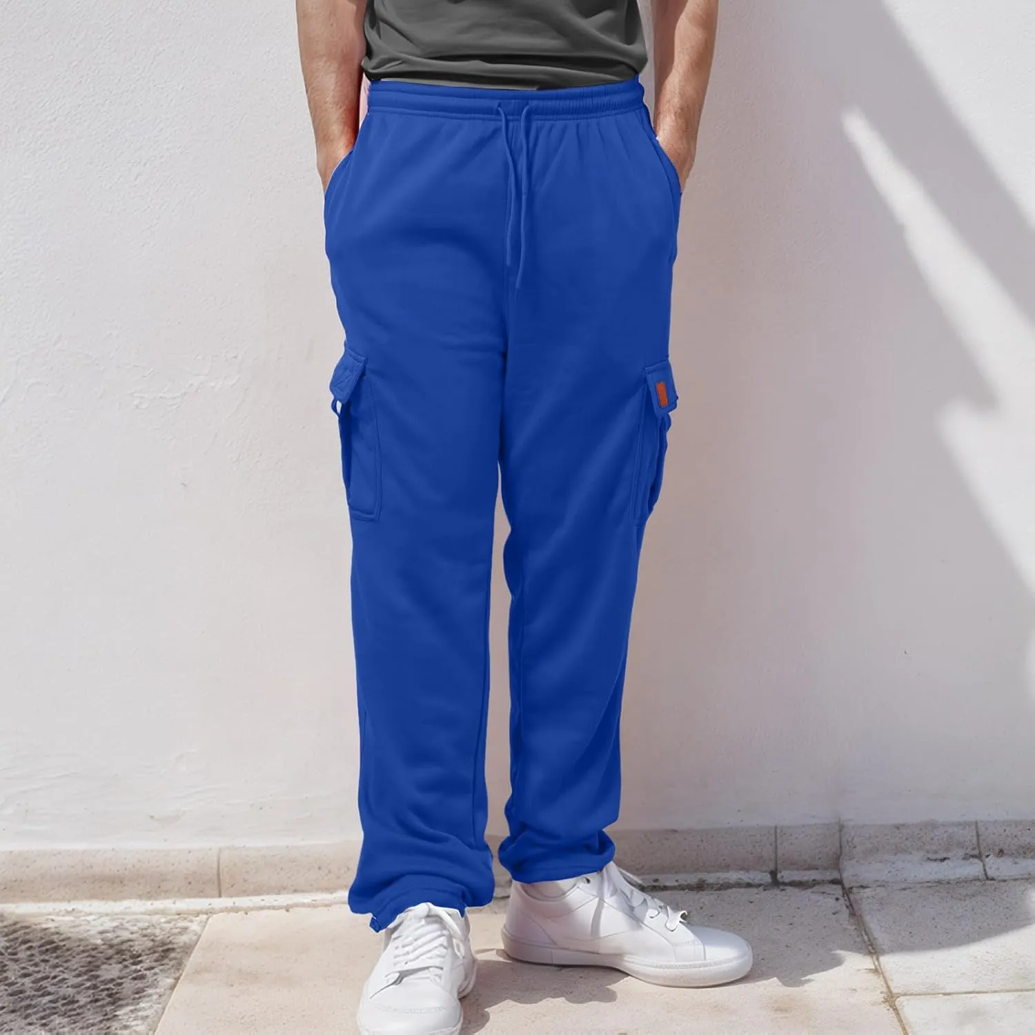 Men's Heavyweight Cargo Fleece Sweatpants Stretch Elastic Waist Trousers Drawstring Loose Fit Joggers with Pockets