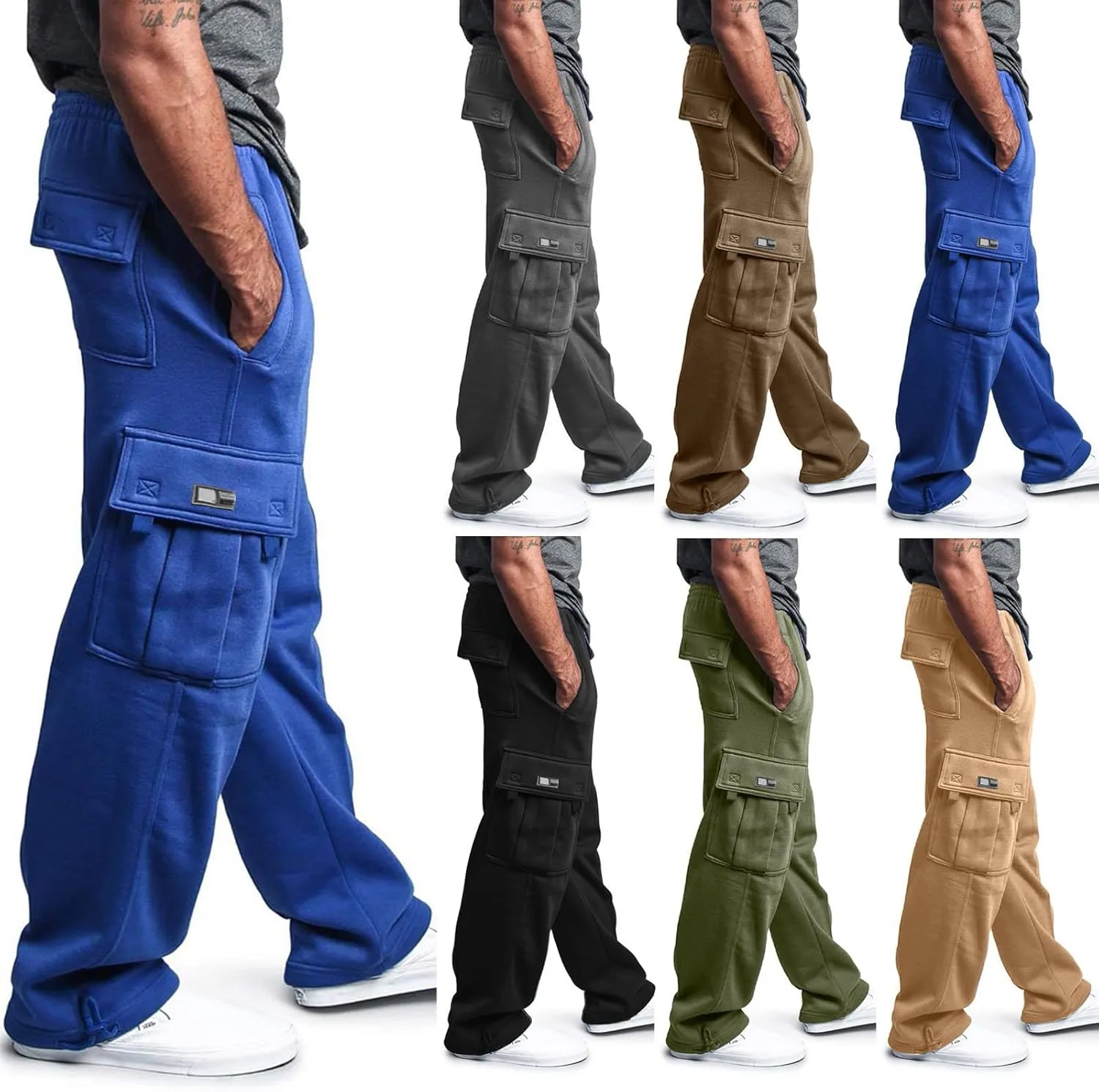 Men's Heavyweight Cargo Sweatpants Baggy Loose Fit Elastic Waist Drawstring Sweatpants with Pockets Joggers Trousers