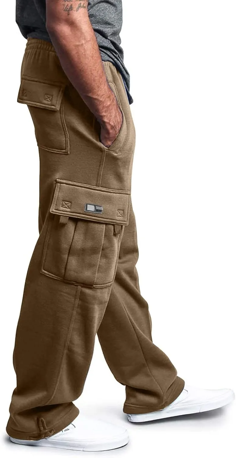 Men's Heavyweight Cargo Sweatpants Baggy Loose Fit Elastic Waist Drawstring Sweatpants with Pockets Joggers Trousers