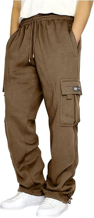 Men's Heavyweight Cargo Sweatpants Baggy Loose Fit Elastic Waist Drawstring Sweatpants with Pockets Joggers Trousers