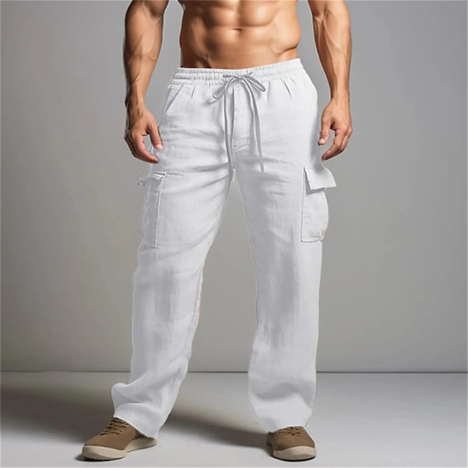 Mens Lightweight Tactical Pants Elastic Waist Straight Drawstring Casual Sweatpants Plain Classic Fashion Trousers