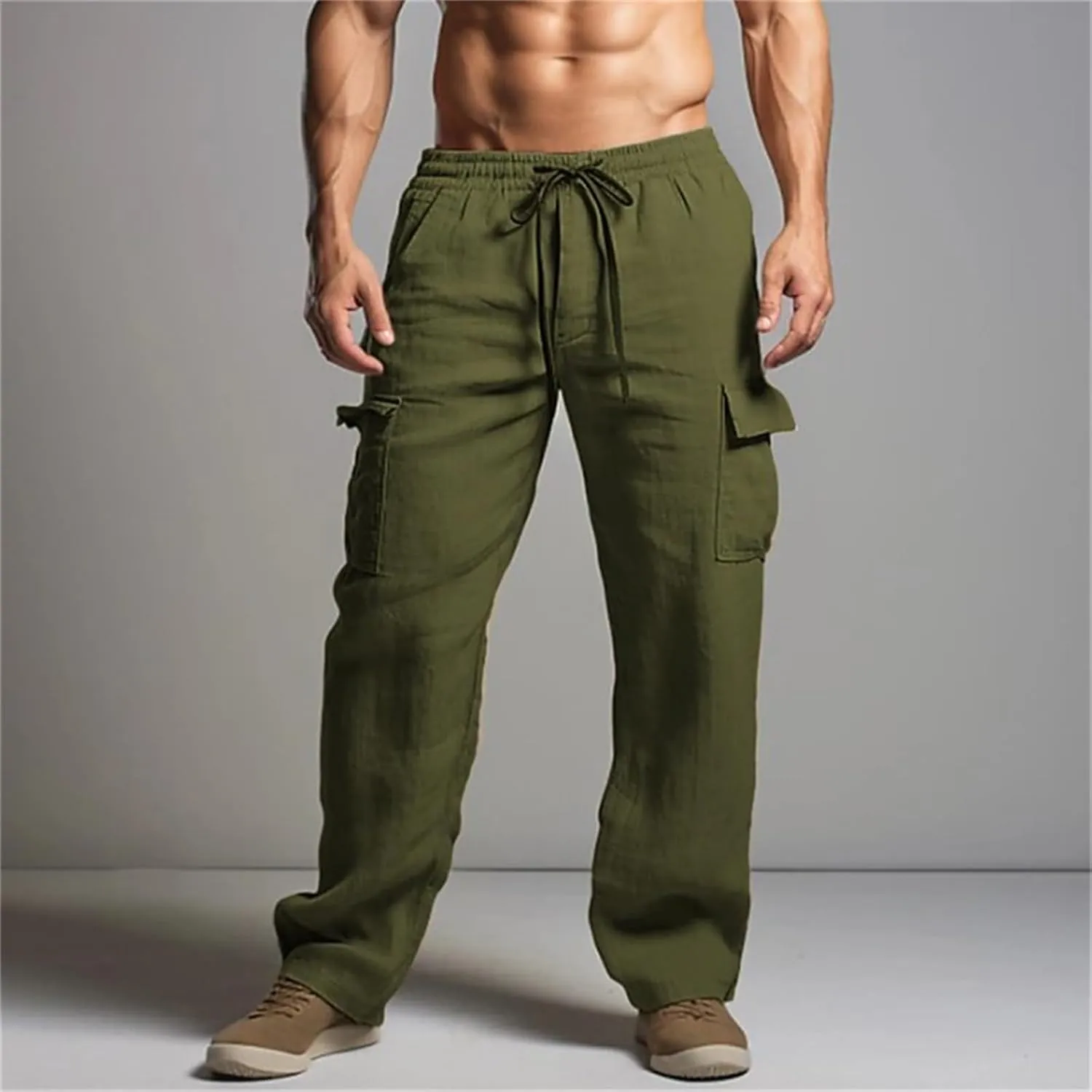 Mens Lightweight Tactical Pants Elastic Waist Straight Drawstring Casual Sweatpants Plain Classic Fashion Trousers