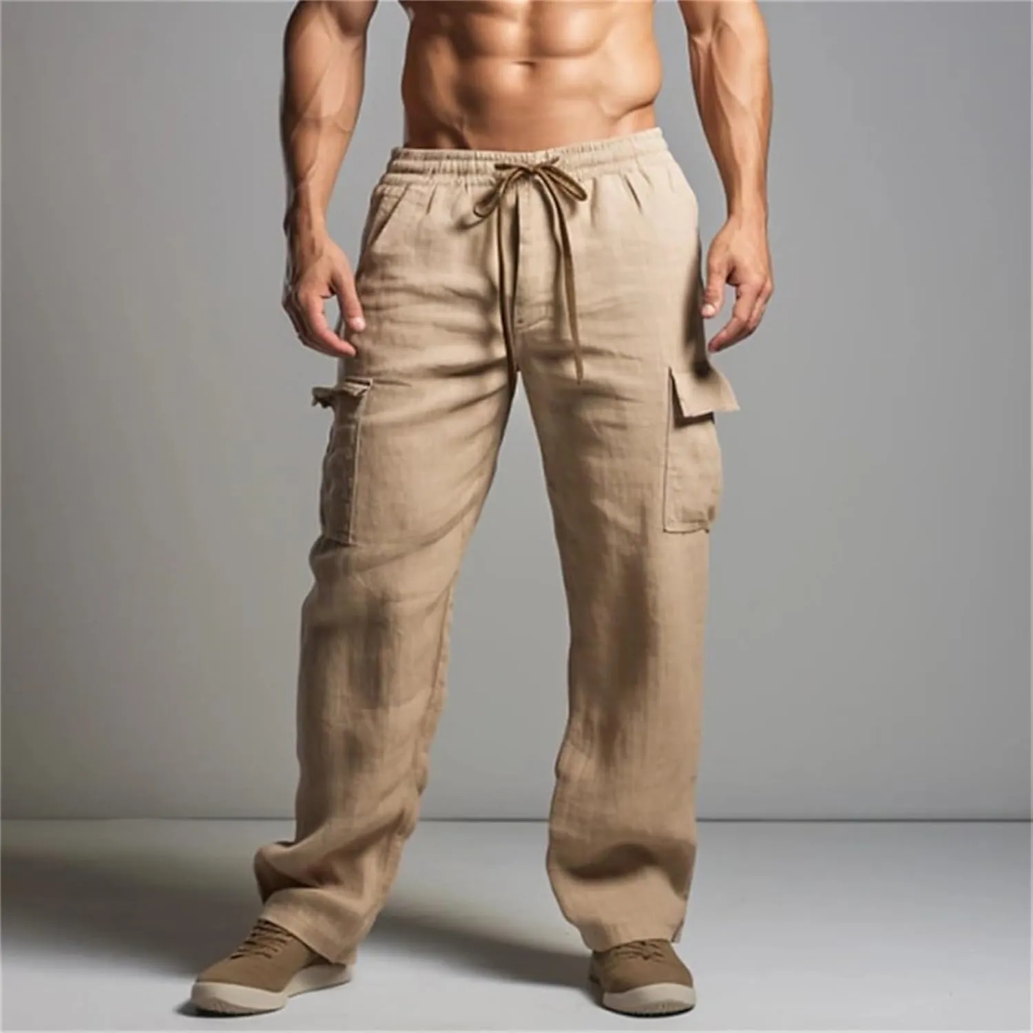 Mens Lightweight Tactical Pants Elastic Waist Straight Drawstring Casual Sweatpants Plain Classic Fashion Trousers