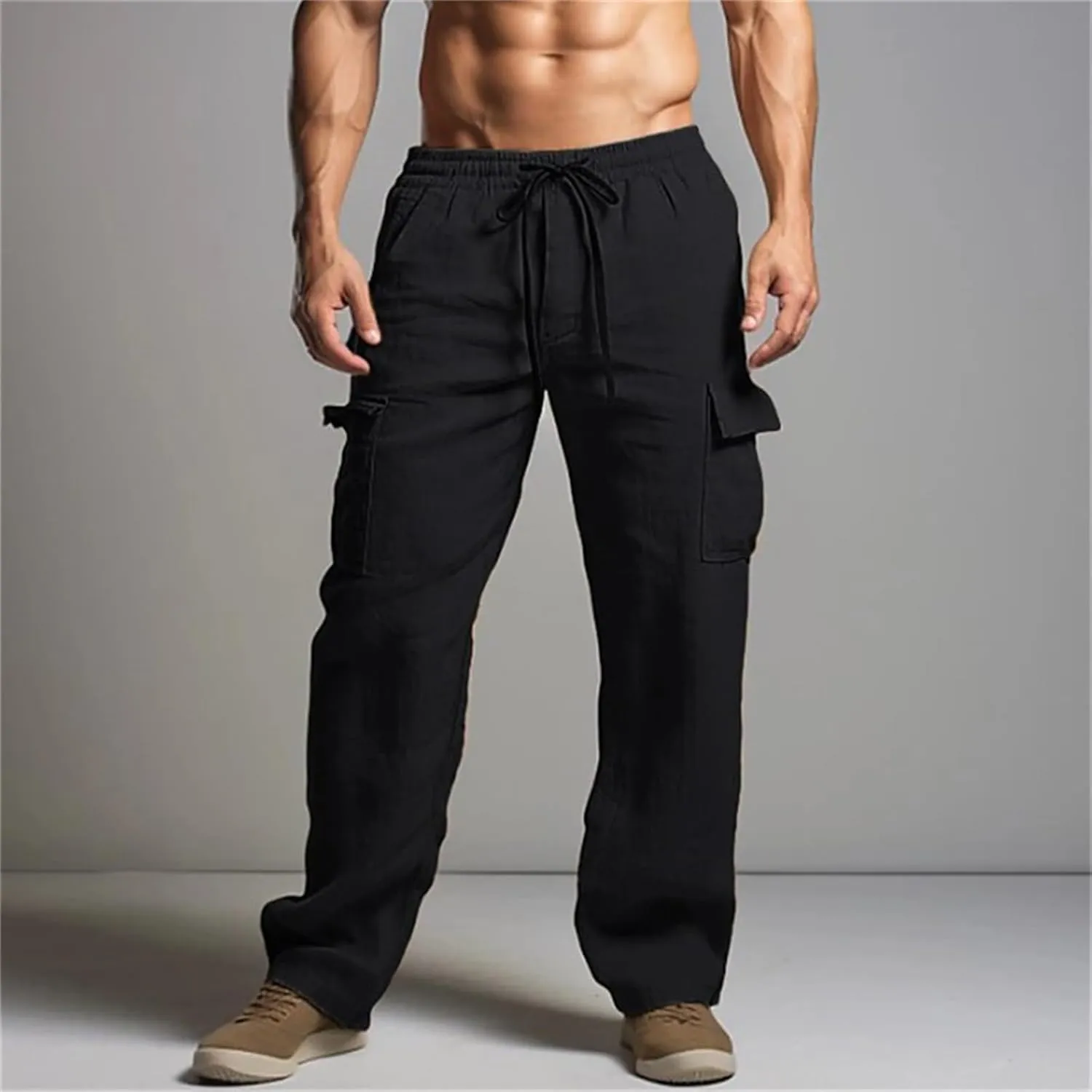 Mens Lightweight Tactical Pants Elastic Waist Straight Drawstring Casual Sweatpants Plain Classic Fashion Trousers