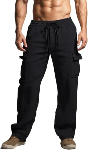 Mens Lightweight Tactical Pants Elastic Waist Straight Drawstring Casual Sweatpants Plain Classic Fashion Trousers
