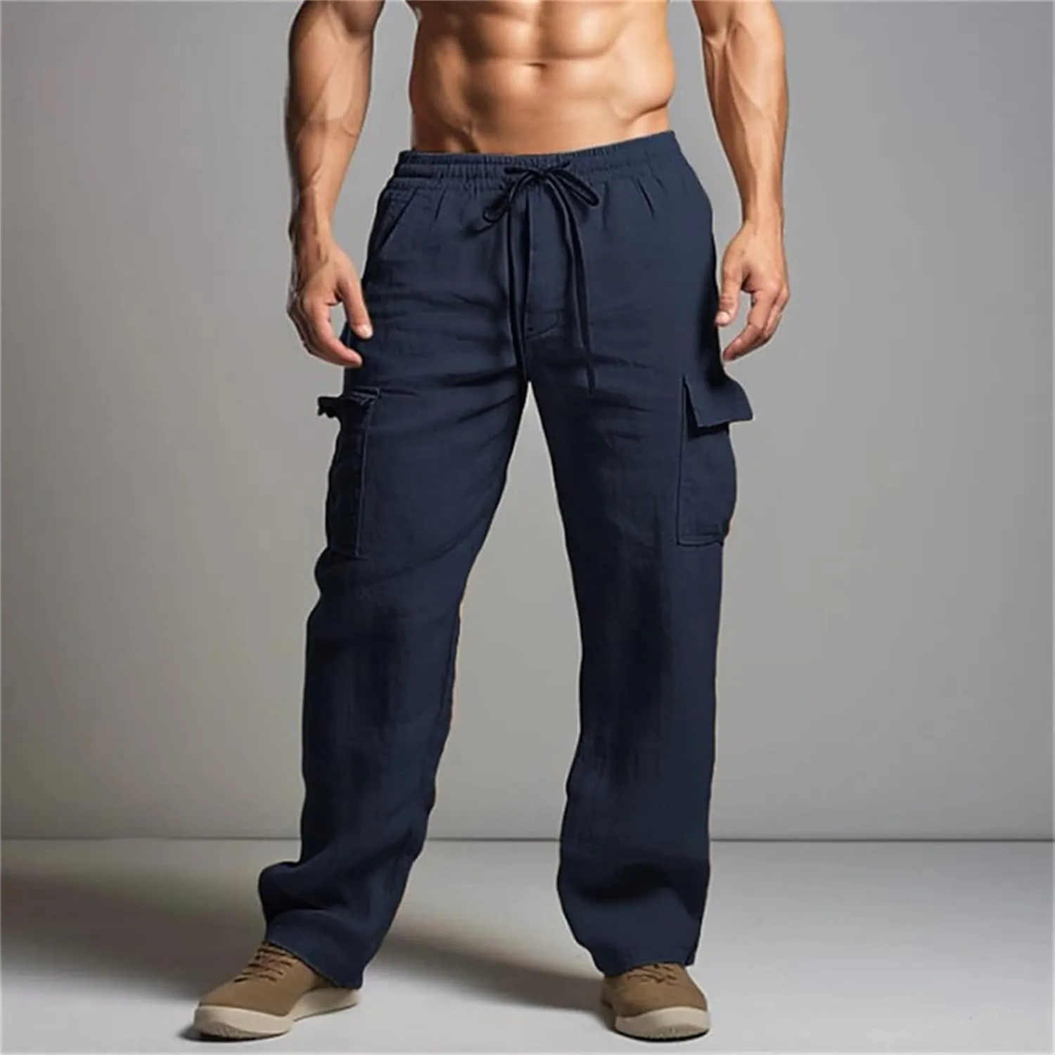 Mens Lightweight Tactical Pants Elastic Waist Straight Drawstring Casual Sweatpants Plain Classic Fashion Trousers