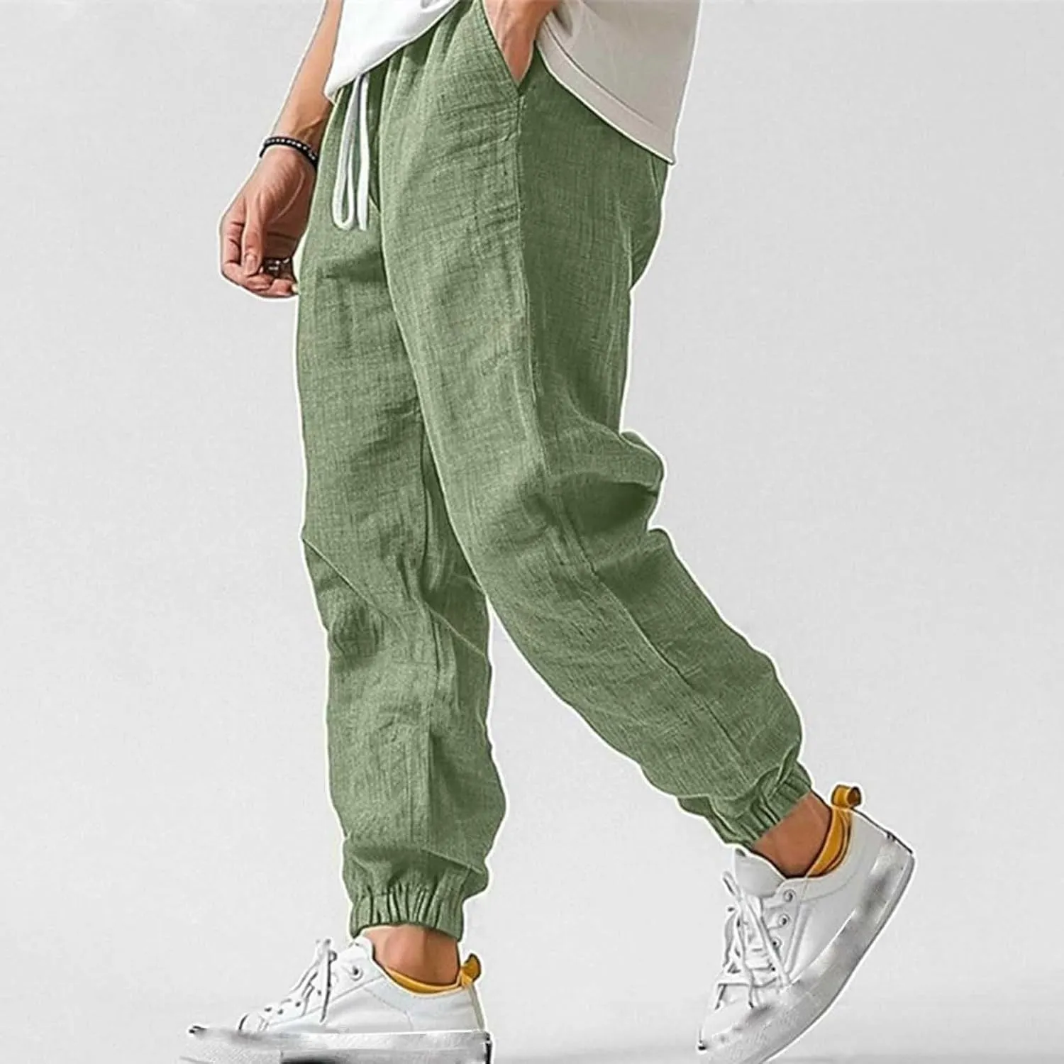 Men's Linen Pants for Summer Straight Leg Comfy Fit Baggy Cropped Solid Trouser Slacks Summer with Pockets