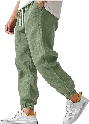Men's Linen Pants for Summer Straight Leg Comfy Fit Baggy Cropped Solid Trouser Slacks Summer with Pockets
