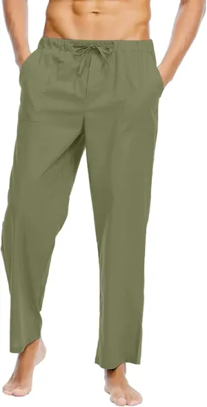Mens Linen Pants High Waisted Wide Leg Loose Fit Casual Pants Lightweight Straight Leg Beach Yoga Trousers Pocket
