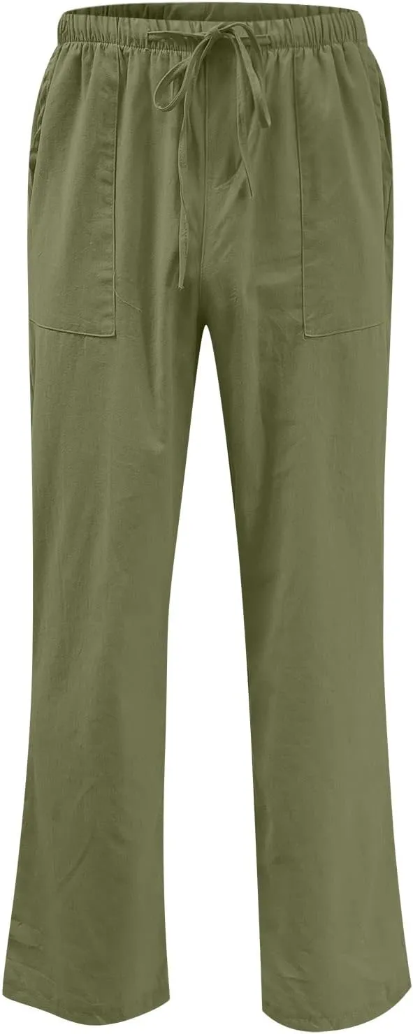 Mens Linen Pants High Waisted Wide Leg Loose Fit Casual Pants Lightweight Straight Leg Beach Yoga Trousers Pocket