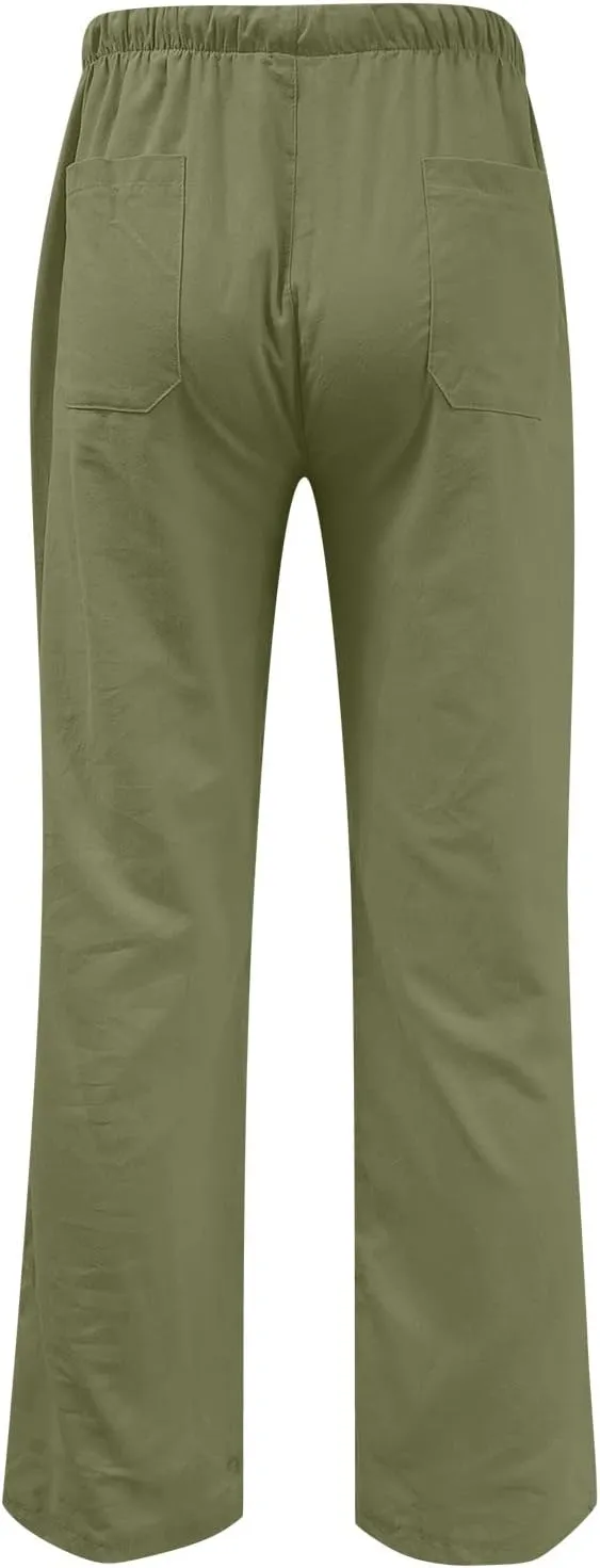 Mens Linen Pants High Waisted Wide Leg Loose Fit Casual Pants Lightweight Straight Leg Beach Yoga Trousers Pocket