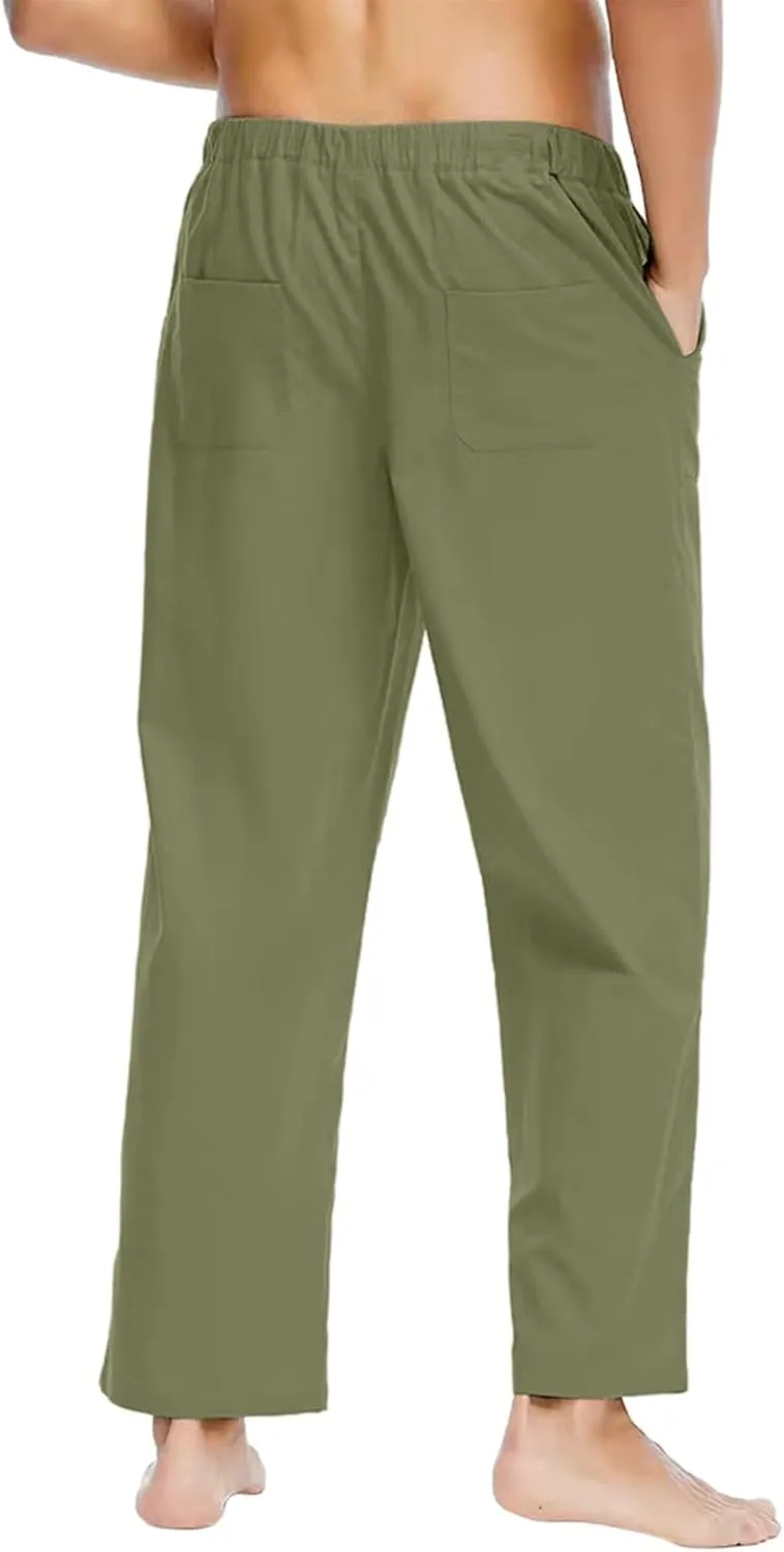 Mens Linen Pants High Waisted Wide Leg Loose Fit Casual Pants Lightweight Straight Leg Beach Yoga Trousers Pocket
