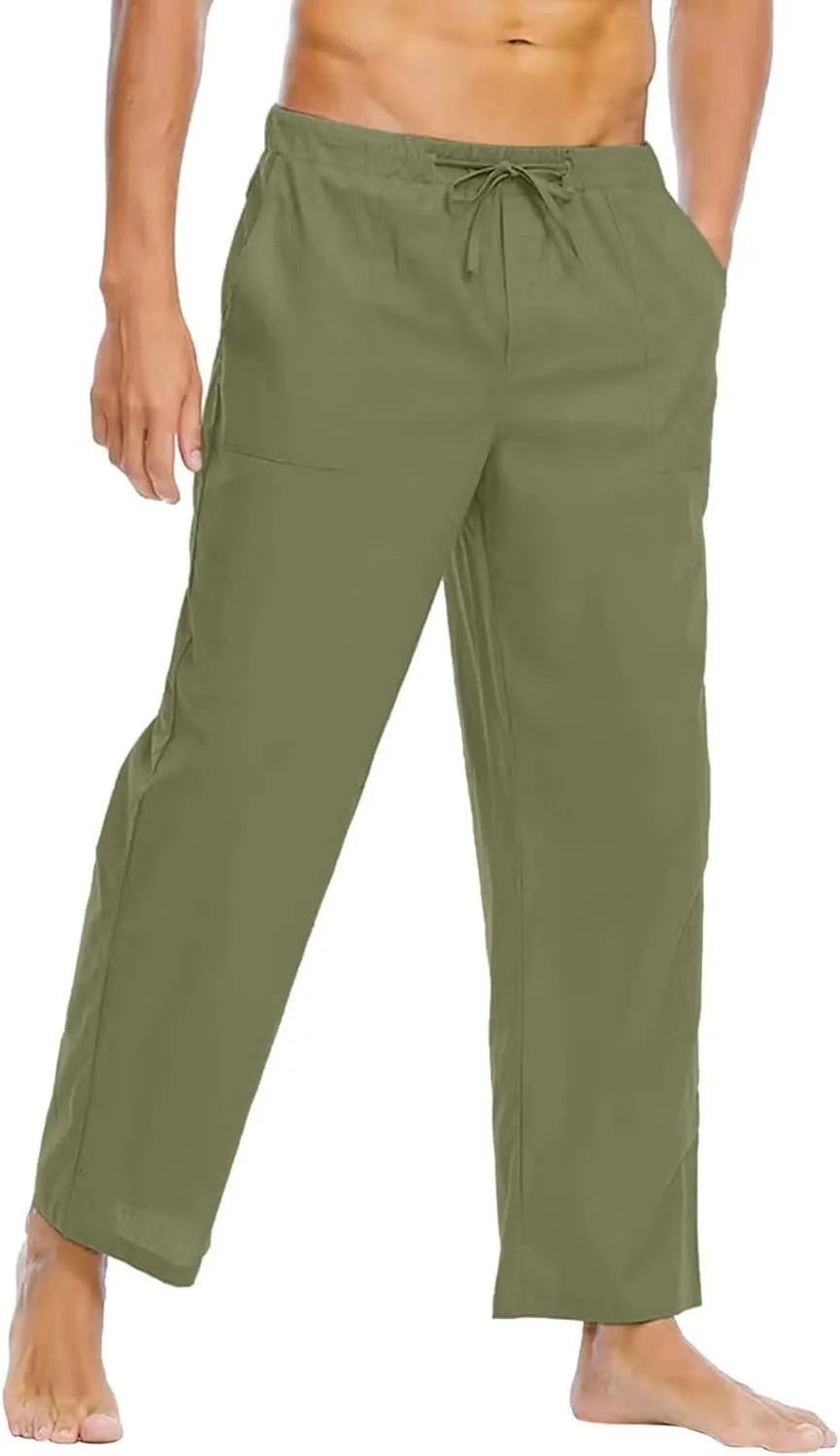 Mens Linen Pants High Waisted Wide Leg Loose Fit Casual Pants Lightweight Straight Leg Beach Yoga Trousers Pocket