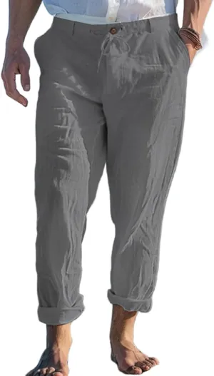 Mens Linen Pants Yoga Beach Loose Fit Casual Pants Lightweight Breathable Elastic Waist Drawstring Baggy Trousers