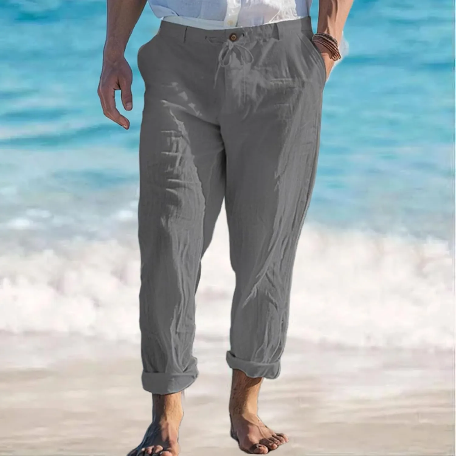 Mens Linen Pants Yoga Beach Loose Fit Casual Pants Lightweight Breathable Elastic Waist Drawstring Baggy Trousers