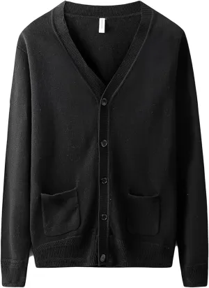 Men's Long-Sleeve Soft Touch Cardigan Sweater Regular Fit Casual Thick Knitted Top V Neck Buttons Sweater Coat with Pockets (Black,Small)