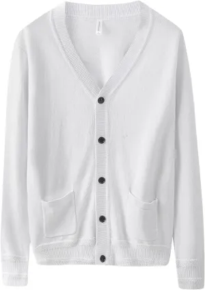 Men's Long-Sleeve Soft Touch Cardigan Sweater Regular Fit Casual Thick Knitted Top V Neck Buttons Sweater Coat with Pockets (White,X-Large)