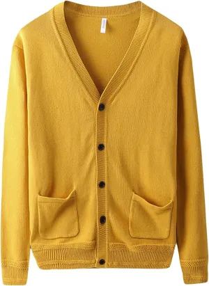 Men's Long-Sleeve Soft Touch Cardigan Sweater Regular Fit Casual Thick Knitted Top V Neck Buttons Sweater Coat with Pockets (Yellow,3X-Large)