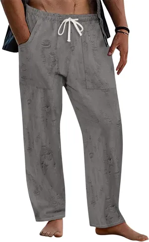 Mens Lounge Linen Pants Elastic Waist Drawstring Baggy Casual Trousers Lightweight Summer Beach Slacks Straight Pants