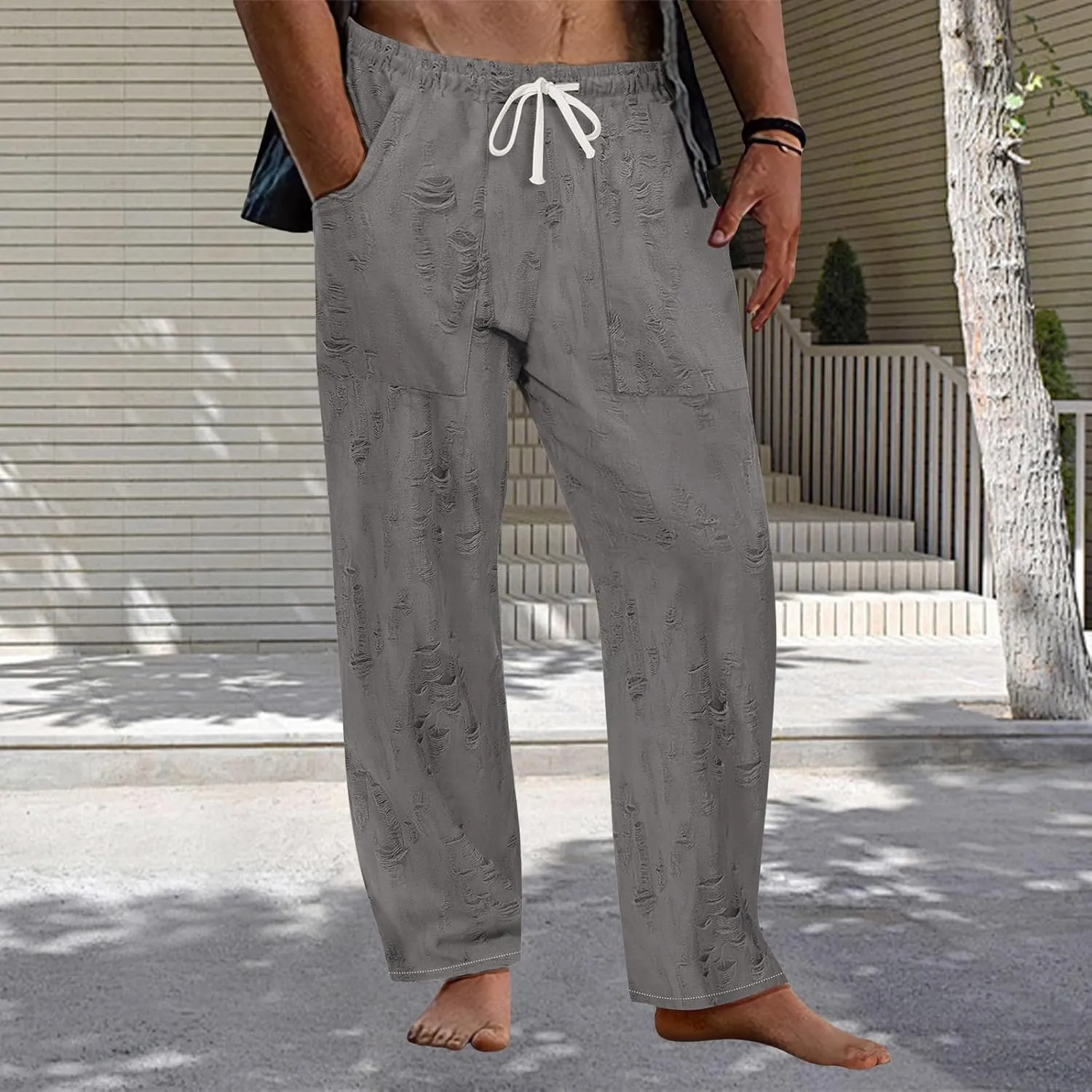 Mens Lounge Linen Pants Elastic Waist Drawstring Baggy Casual Trousers Lightweight Summer Beach Slacks Straight Pants