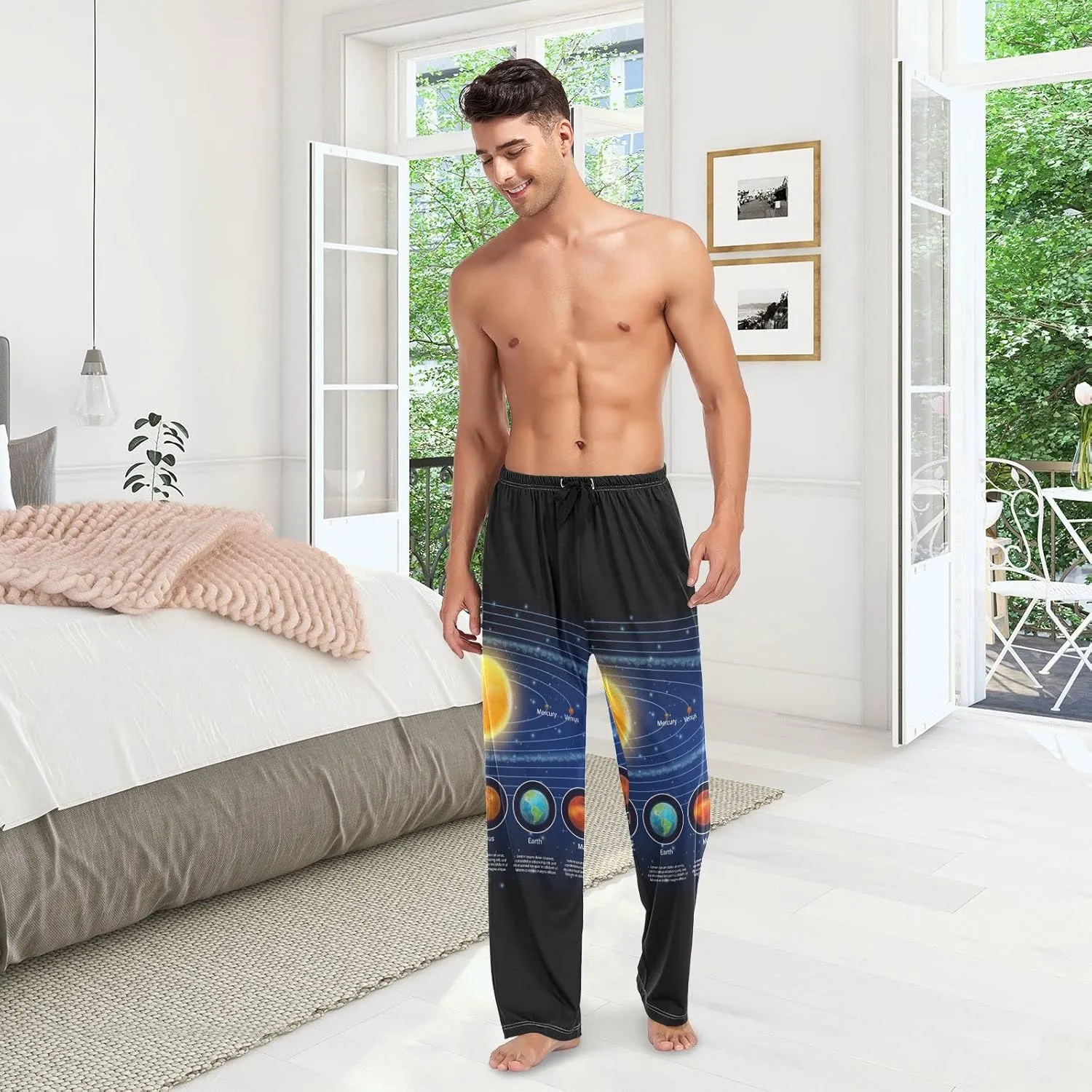 Men's Pajama Pants Straight Trouser Sleep Lounge Pants Sleepwear with Pockets