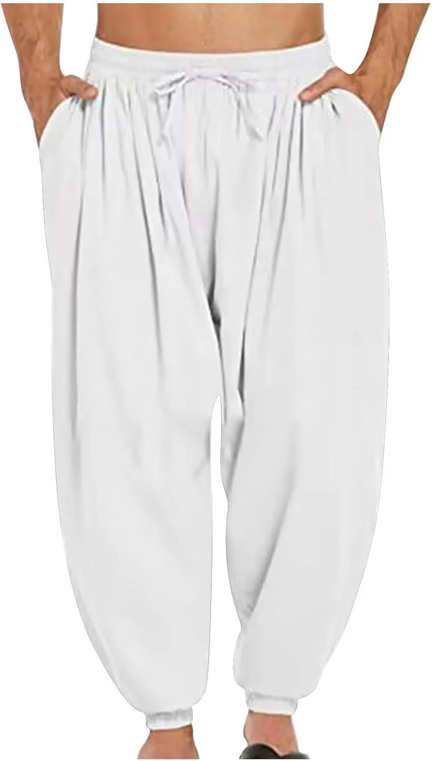 Mens Pants Casual Cinch Bottom Harem Pants Elastic Waist Drawstring Tapered Pant Baggy Breathable Jogger with Pockets