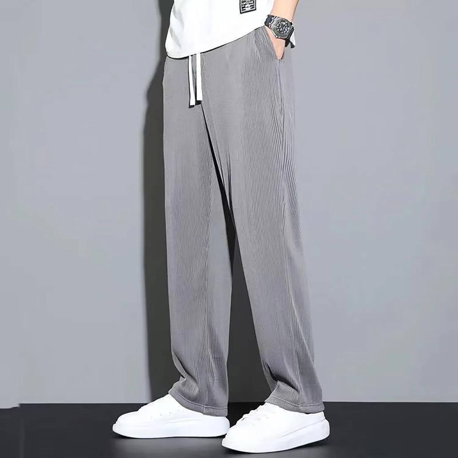 Mens Pants Casual Relaxed Fit Stretch Active Pants Loose Ice Silk Breathable Casual Comfy Pant Trousers with Pockets