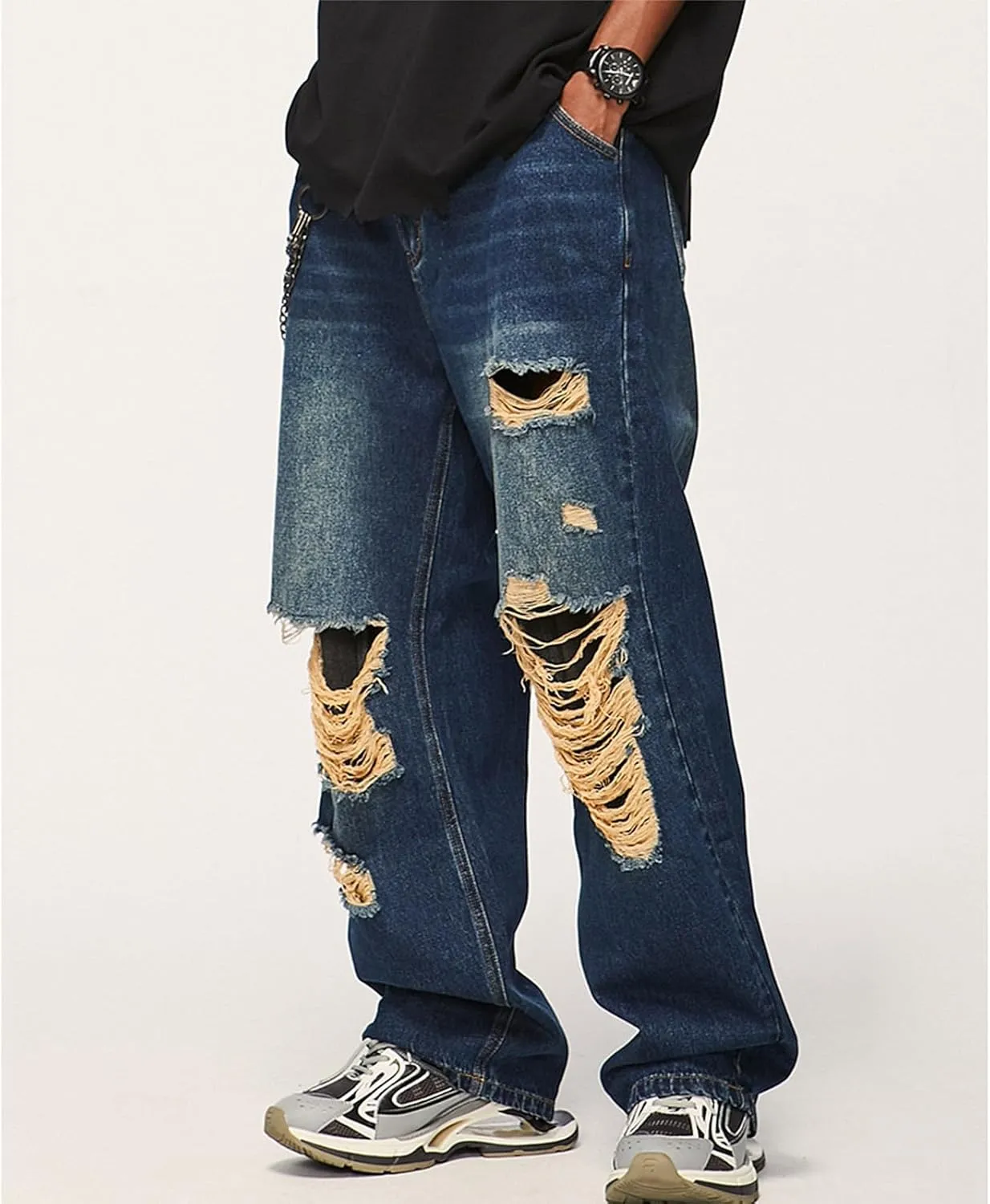 Men's Relaxed-Fit Jean Classic Ripped Skinny Distressed Fashion Comfort Frayed Zipper Fit Bootcut Jeans