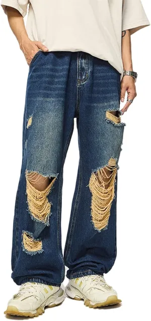 Men's Relaxed-Fit Jean Classic Ripped Skinny Distressed Fashion Comfort Frayed Zipper Fit Bootcut Jeans
