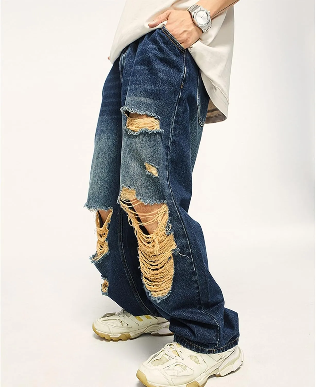 Men's Relaxed-Fit Jean Classic Ripped Skinny Distressed Fashion Comfort Frayed Zipper Fit Bootcut Jeans