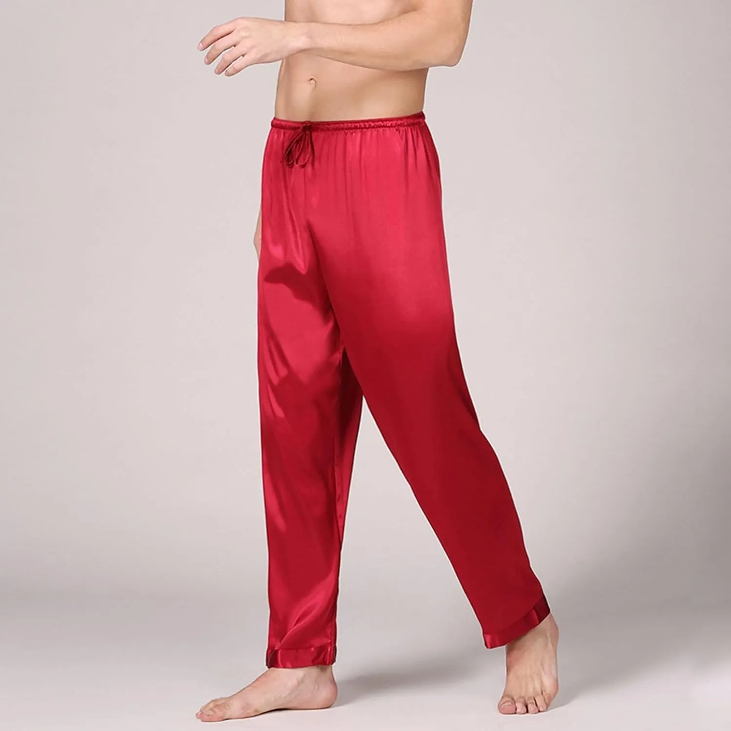 Men's Satin Pajama Pants Long Pj Trousers Lightweight Straight Leg Lounge Loose Summer Elastic Waist Sleepwear